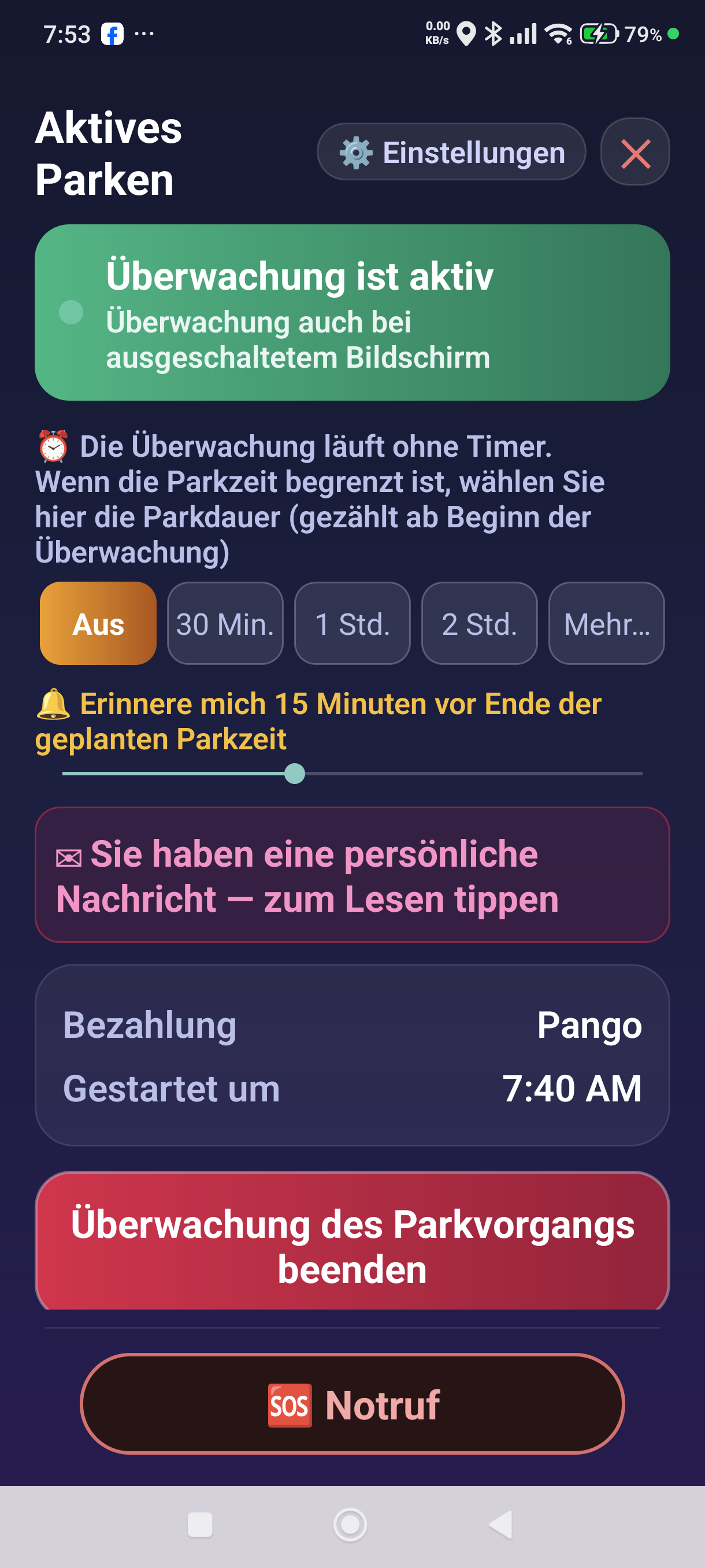 Die rosa Leiste auf dem Bildschirm des aktiven Parkens
