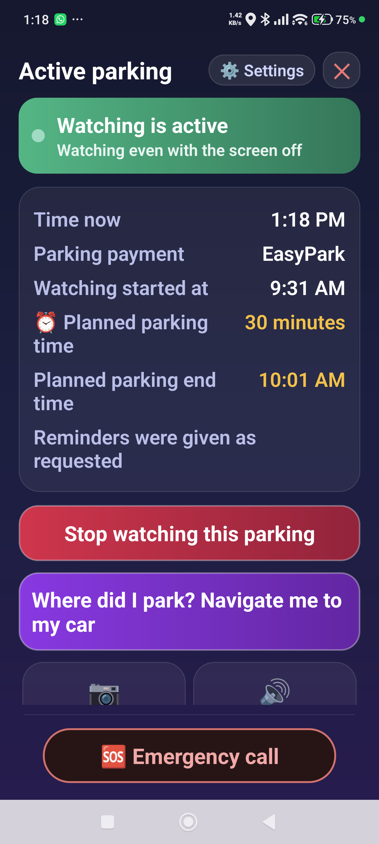The active parking screen for a parking started in a parking app