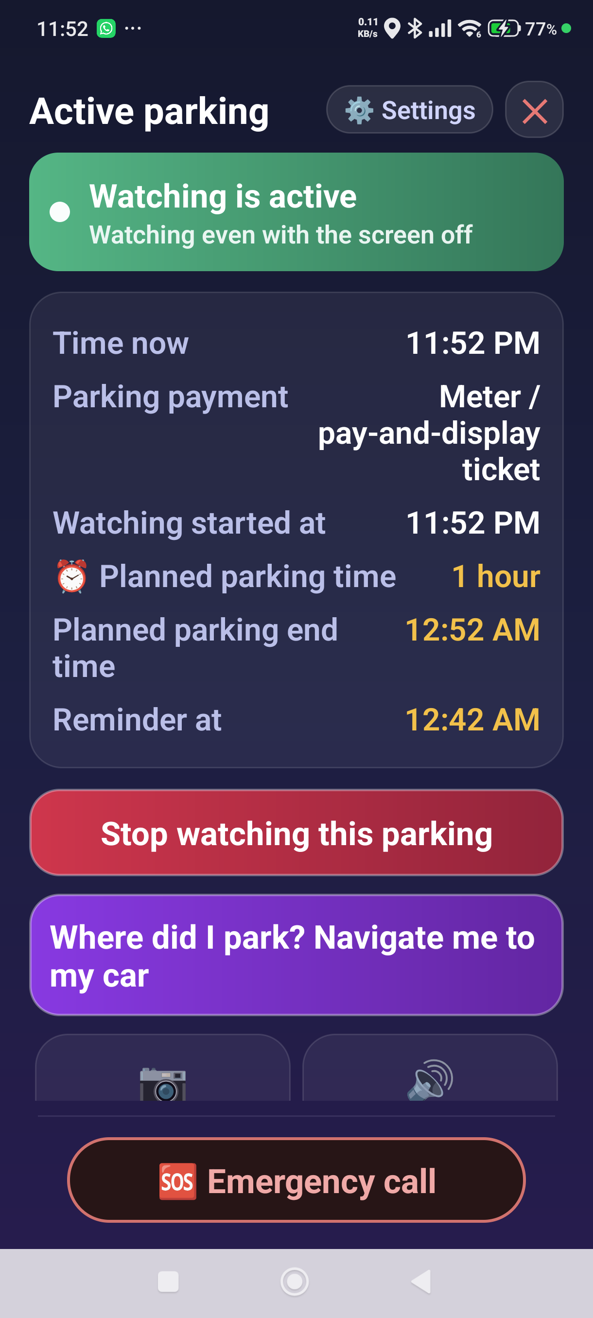 The active parking screen for a parking started at a meter or with a ticket