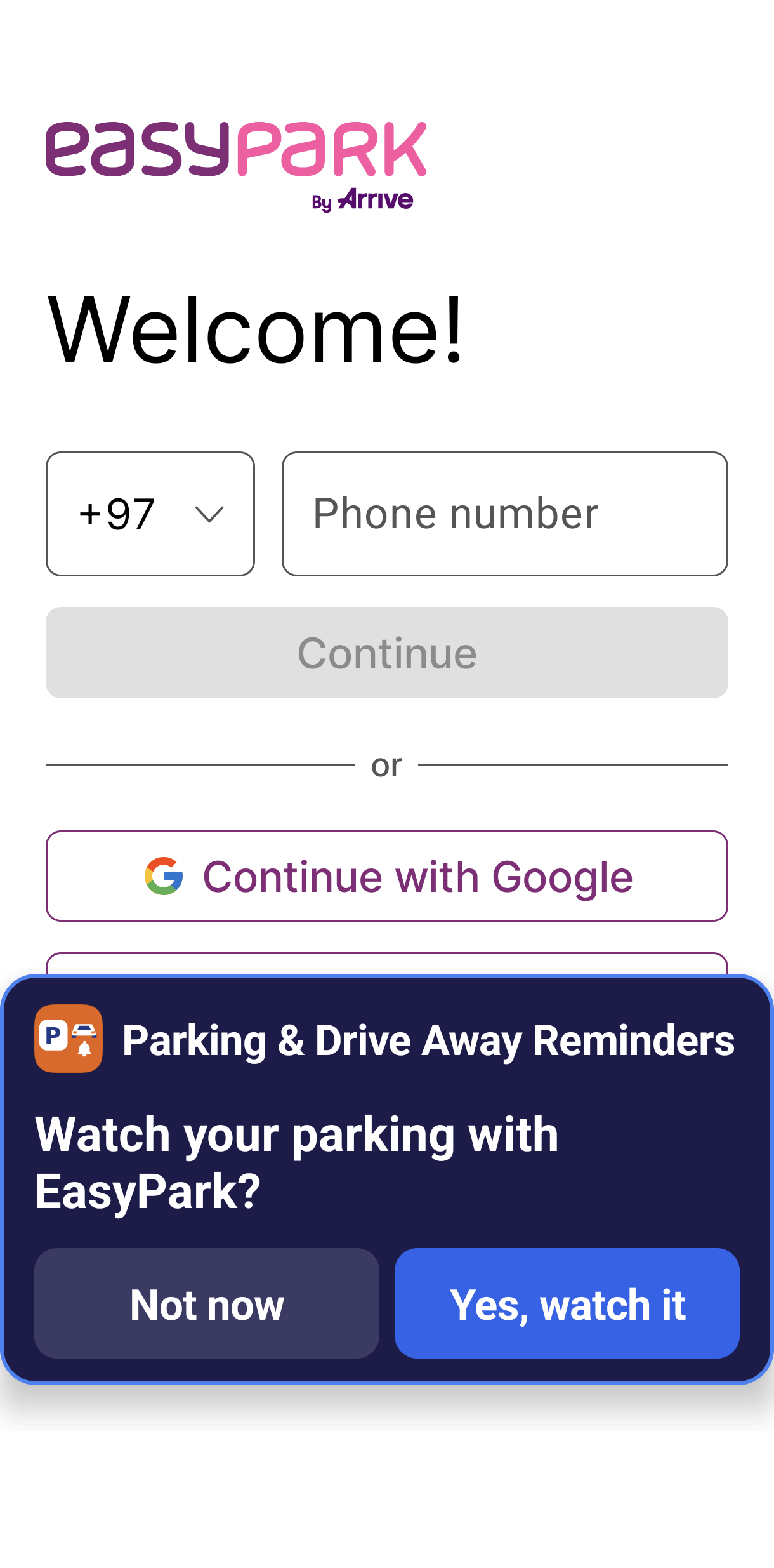 The card appears on top of the parking app — one tap and the watch is on