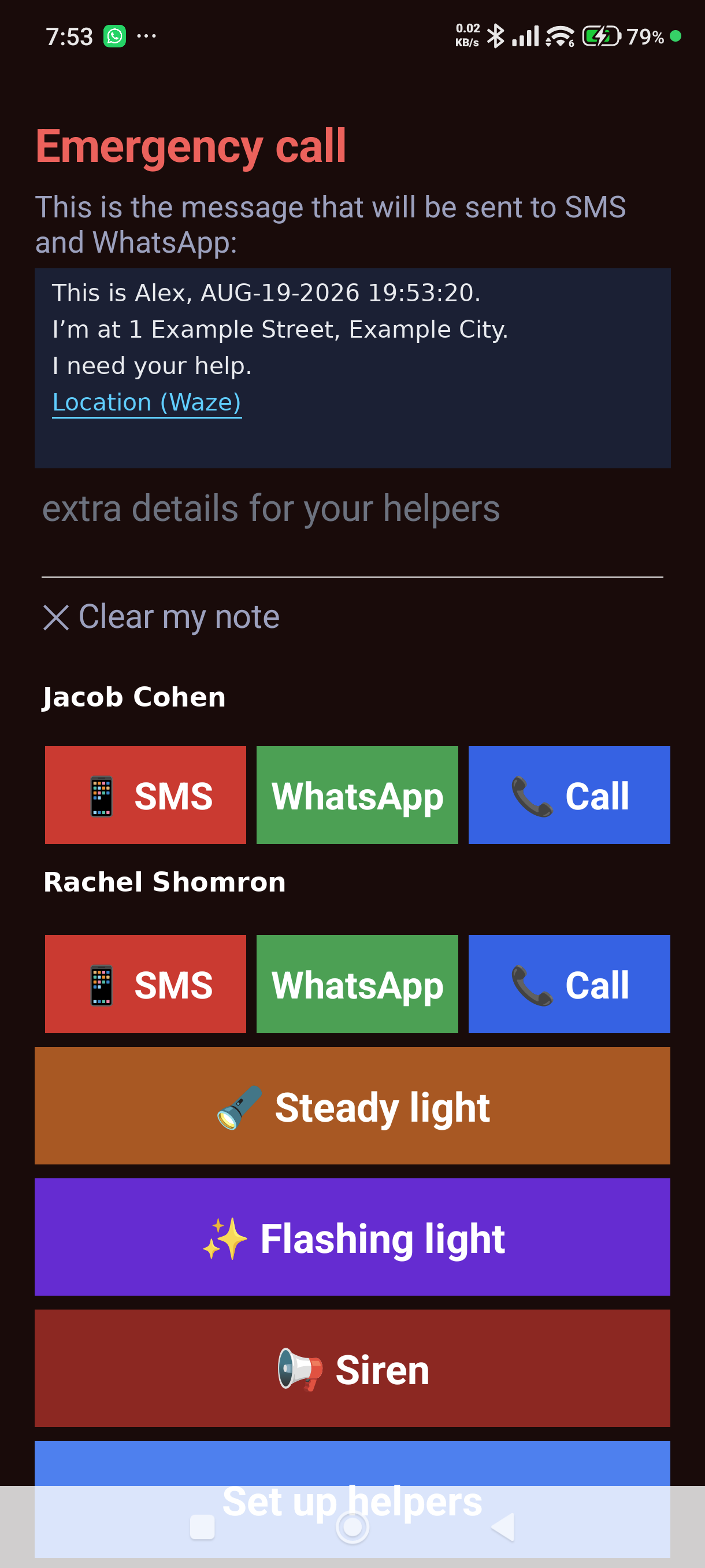 The emergency screen · the details in the picture are sample data