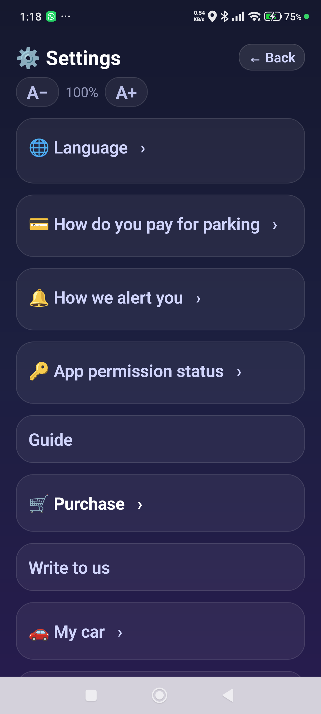 The settings screen