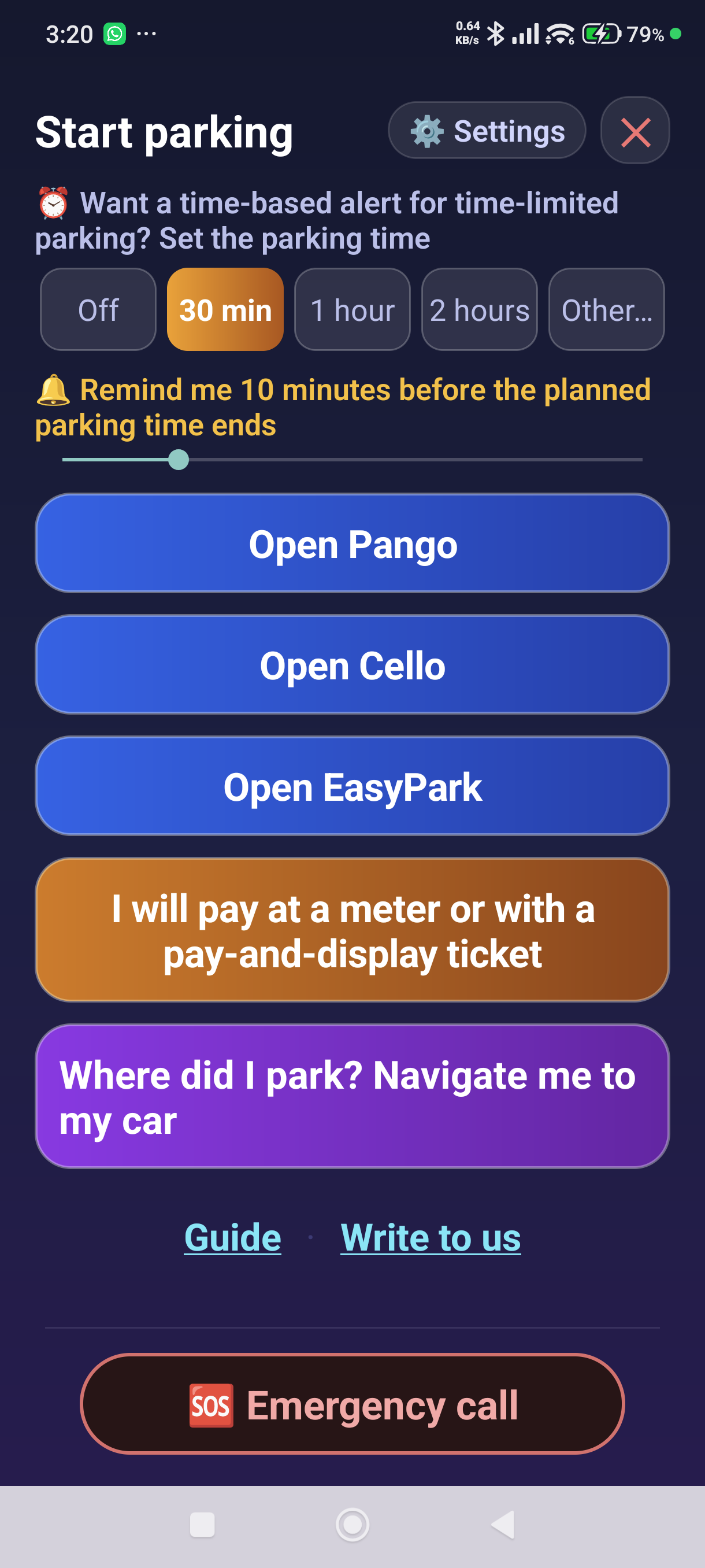 The watch-start screen — a button for every parking app, and a choice of time