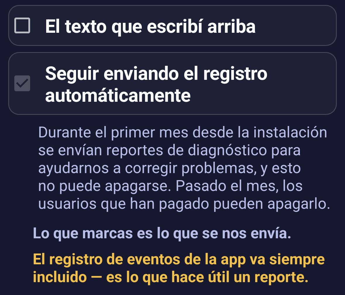 El interruptor del reporte automático en la pantalla «Escríbenos»