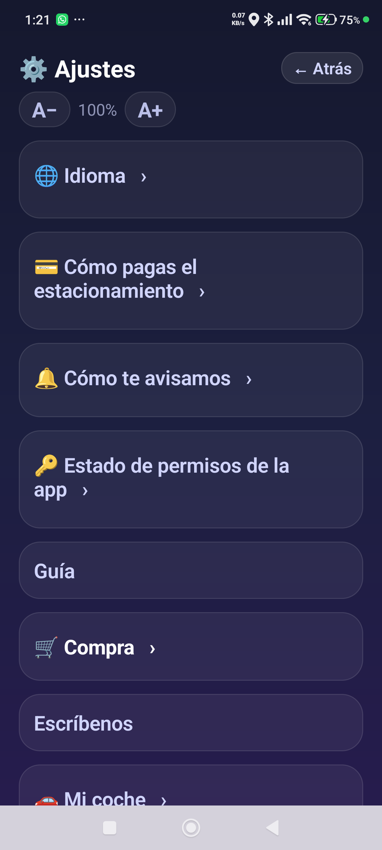 La pantalla de ajustes