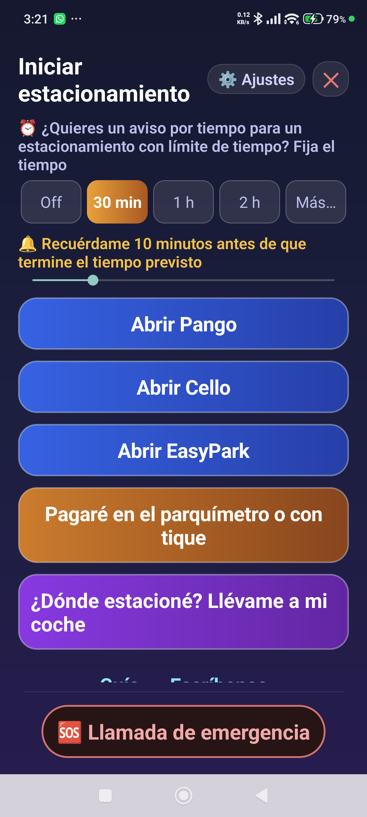 La pantalla de inicio de la vigilancia — un botón por cada app de estacionamiento y la elección del tiempo