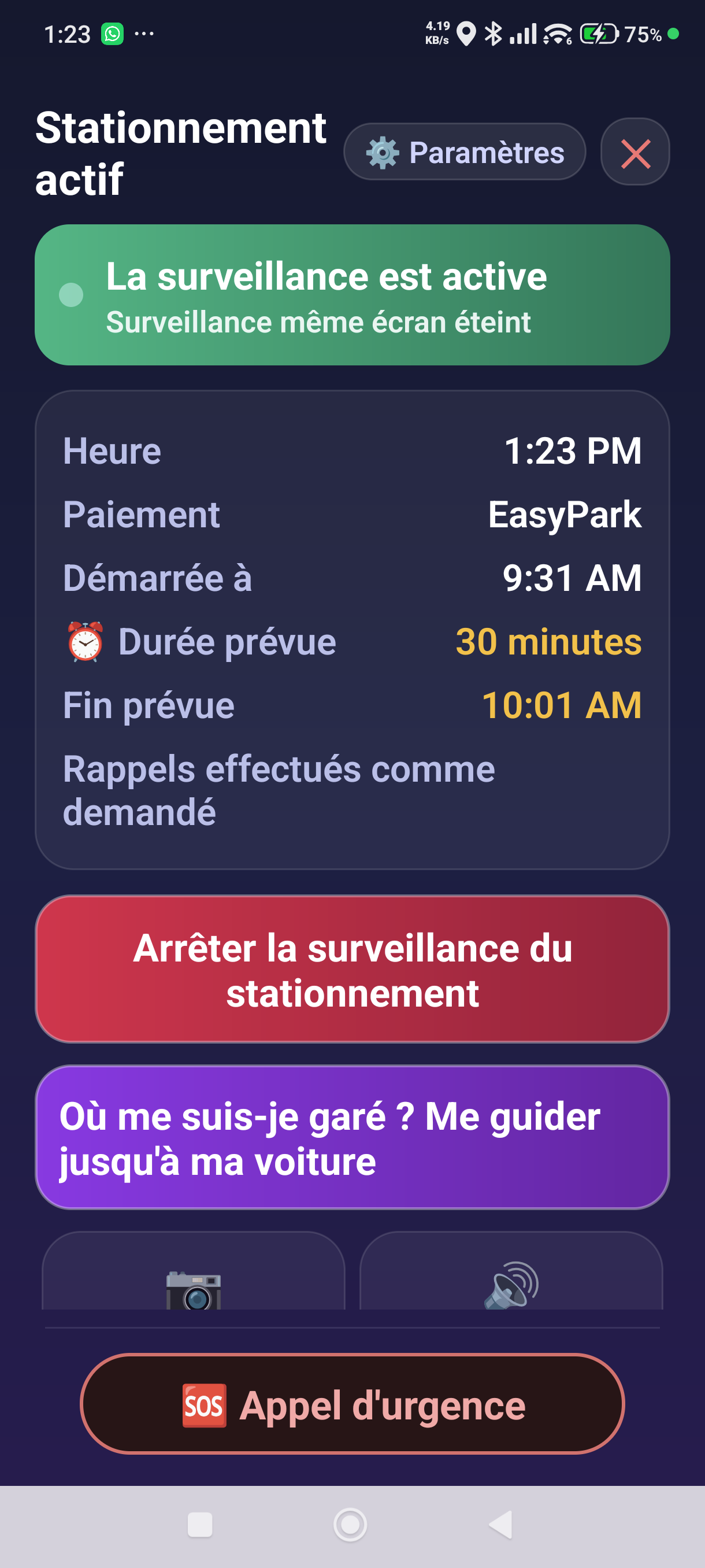 L'écran du stationnement actif pour un stationnement démarré avec une application de stationnement