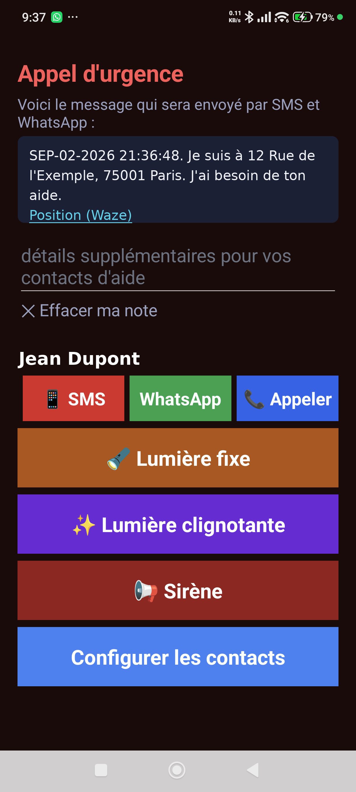 L'écran d'urgence · les informations sur l'image sont des données d'exemple