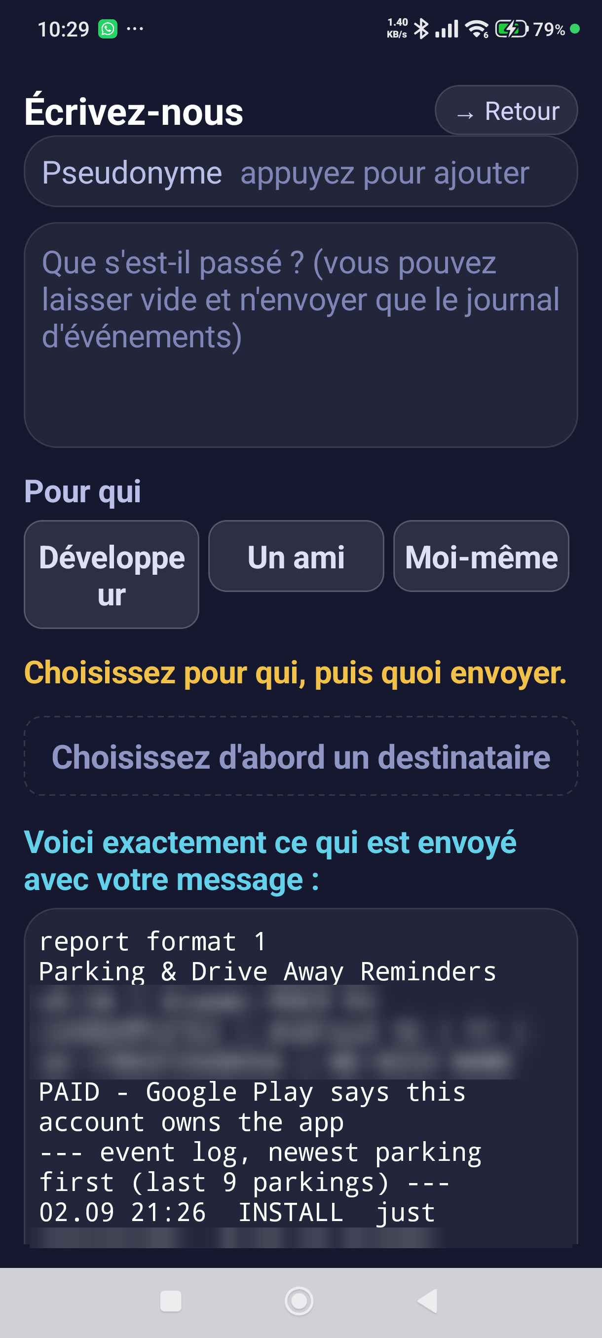 L'écran « Écrivez-nous » et l'aperçu de ce qui est envoyé