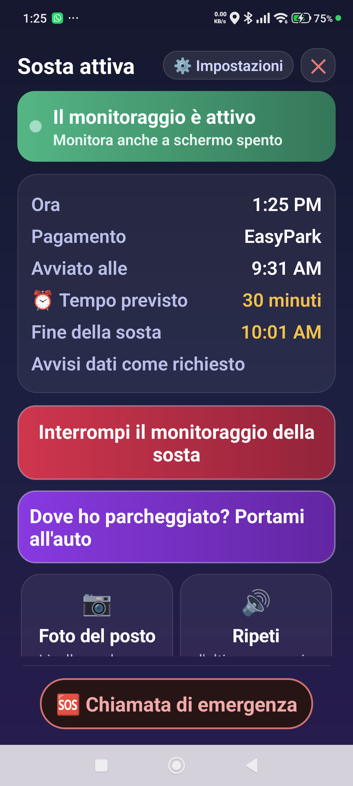 La schermata della sosta attiva per una sosta avviata con un'app di parcheggio