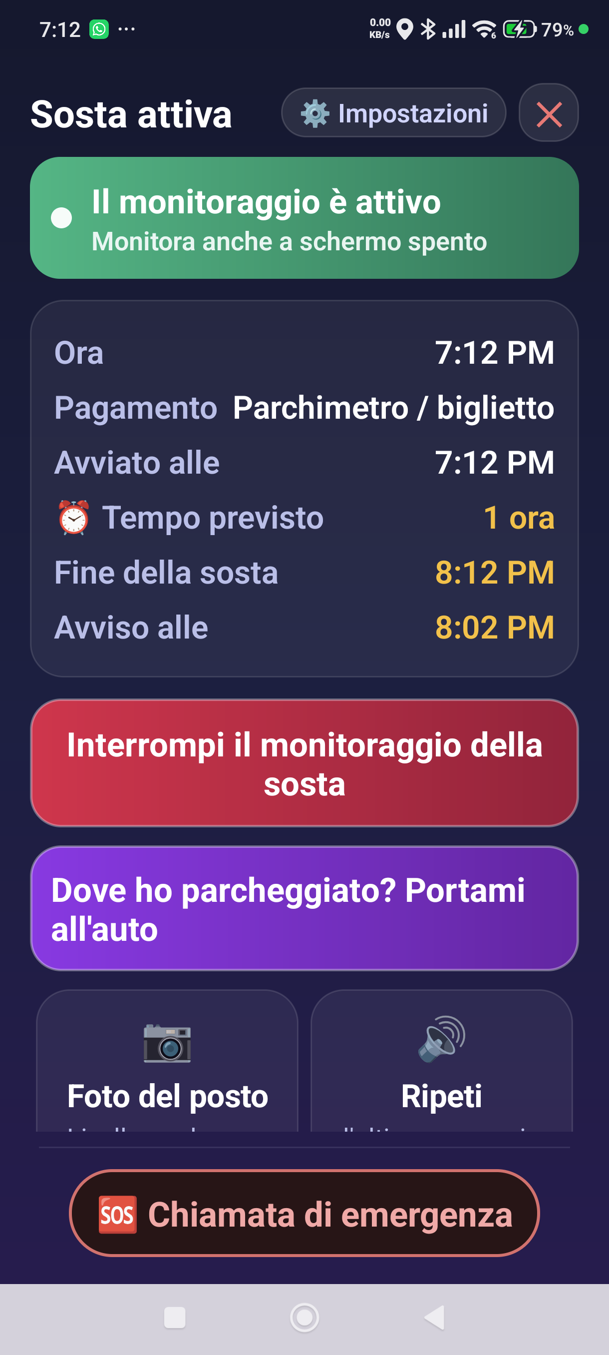 La schermata della sosta attiva per una sosta avviata al parchimetro o con il biglietto di sosta