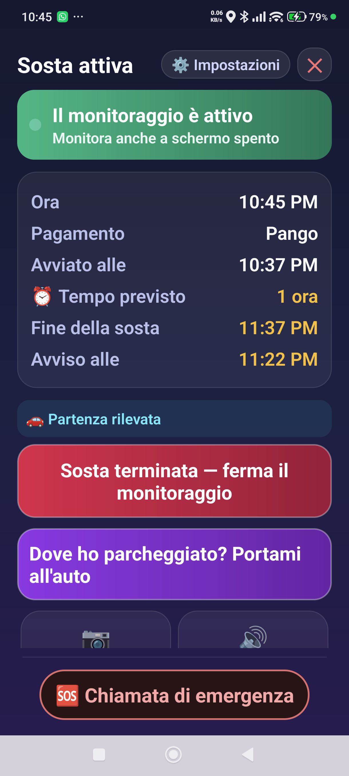 La schermata della sosta dopo che è stata rilevata una partenza — «Partenza rilevata»